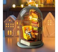 Reader Night Light, Mini Reading Figurine, Tiny Bookshelf Library Statue, Miniature Book Lover Sculpture with LED Light, Lighting Decorations for Living Room, Bedside Desk (Clear-A)