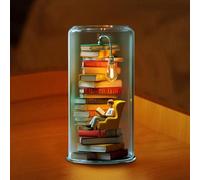 Reader Night Light, Miniature Book Lover Lamp Sculpture with Mini Books and LED Light, Glass Dome Book Nook Lamp for Home/Office/Library (#E)