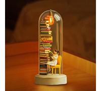 Reader Night Light, Miniature Book Lover Lamp Sculpture with Mini Books and LED Light, Glass Dome Book Nook Lamp for Home/Office/Library (#C)