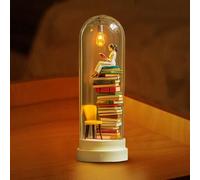 Reader Night Light, Miniature Book Lover Lamp Sculpture with Mini Books and LED Light, Glass Dome Book Nook Lamp for Home/Office/Library (#B)