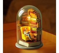 Reader Night Light, Miniature Book Lover Lamp Sculpture with Mini Books and LED Light, Glass Dome Book Nook Lamp for Home/Office/Library (#A)