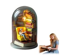Reader Night Light, Miniature Book Lover Lamp Sculpture with Mini Books and LED Light, Mini Reading Figurine Tiny Bookshelf Library Statue, Gift for Family, Friends, Colleagues (A)
