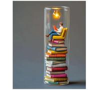 Reader Night Light, Miniature Book Lover Lamp Sculpture with Mini Books and LED Light, Mini Reading Figurine Tiny Bookshelf Library Statue, Gift for Family, Friends, Colleagues (E)