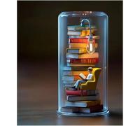 Reader Night Light, Miniature Book Lover Lamp Sculpture with Mini Books and LED Light, Mini Reading Figurine Tiny Bookshelf Library Statue, Gift for Family, Friends, Colleagues (D)