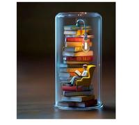 Reader Night Light, Miniature Book Lover Lamp Sculpture with Mini Books and LED Light, Mini Reading Figurine Tiny Bookshelf Library Statue, Gift for Family, Friends, Colleagues (D)