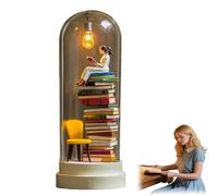 Reader Night Light, Miniature Book Lover Lamp Sculpture with Mini Books and LED Light, Mini Reading Figurine Tiny Bookshelf Library Statue, Gift for Family, Friends, Colleagues (B)