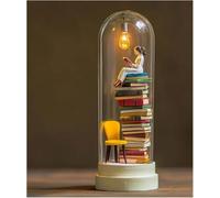 Reader Night Light, Miniature Book Lover Lamp Sculpture with Mini Books and LED Light, Mini Reading Figurine Tiny Bookshelf Library Statue, Gift for Family, Friends, Colleagues (B)