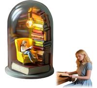 Reader Night Light,Miniature Book Lover Lamp Sculpture with Mini Books and LED Light, Mini Reading Figurine,Tiny Bookshelf Library Statue,3D Miniature Book Lamp,Gift for Bedroom Ambience (A)