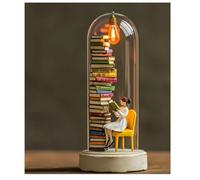 Reader Night Light, Miniature Book Lover Lamp Sculpture with Mini Books and LED Light, Mini Reading Figurine Tiny Bookshelf Library Statue, Gift for Family, Friends, Colleagues (C)