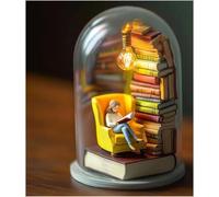 Reader Night Light, Miniature Book Lover Lamp Sculpture with Mini Books and LED Light, Mini Reading Figurine Tiny Bookshelf Library Statue, Gift for Family, Friends, Colleagues (A)
