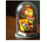 Reader Night Light, Miniature Book Lover Lamp Sculpture with Mini Books and LED Light, Mini Reading Figurine Tiny Bookshelf Library Statue, Gift for Family, Friends, Colleagues (A)