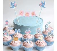 READIGO Princess Birthday Cake Toppers Set, 24PCS Pink Blue Princess Cupcake Toppers with 1 Mini Banner Cake Decor for Birthday Party, Baby Shower