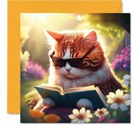 Reading Animal Cards - Cat Reading Birthday Card - Cats Book Birthday Card for Friend Sister Brother Daughter Son Auntie Uncle Book Lover, 145mm Books Greeting Cards