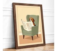 Reading Beagle Modern Framed Wall Art Print A2 (59.4×42cm) Walnut, Wall Decor for Living Room, Bedroom, Office & Home, Ready to Hang, Art Gift