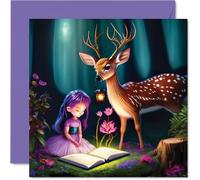 Reading Book Birthday Cards - Deer & Girl - Happy Birthday Card for Daughter Granddaughter Niece Sister Auntie Mum Nanny Book Lover, 145mm Books Bday Greeting Cards