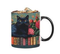 reading - Ceramic 350ml Drinkware, Bookshelf Theme Cup | Hot Cold Drink Holder for Animal Lovers Writers Home Apartment Desk Library Decor Office Study Gift