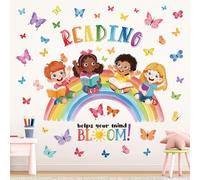 Reading Corner Rainbow Daycare Wall Decals Butterflies Kids Inspirational Quotes Reading Helps Your Mind Bloom Peel and Stick Wall Stickers for Kids Room School Classroom Decor