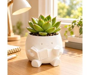 Reading Figure Desk Organizer, Cute White Succulent Planter & Pen Holder for Office Desk, Aesthetic Desktop Decor for Book Lovers & Home Study Table
