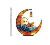 Reading Ghost Halloween Decoration 2D Acrylic Ghost Lying On The Moon Reading A Book Pendant, Halloween Hanging Ornament For Indoors, Outdoors, Fireplaces, Backpacks, Doors, Cars, And Walls