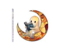 Reading Ghost Halloween Decoration 2D Acrylic Ghost Lying On The Moon Reading A Book Pendant, Halloween Hanging Ornament For Indoors, Outdoors, Fireplaces, Backpacks, Doors, Cars, And Walls