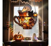 Reading Ghost Teacup Sun catcher, Ghost Reading Book Stained Glass Window Hanging Sun Catcher, Halloween Ghost Acrylic Window Hanging Decor, Cute Ghost Reading Book Ornament (style B)