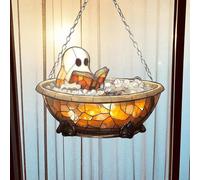 Reading Ghost Teacup Sun catcher, Halloween Ghost Acrylic Window Hanging Decor,2D Acrylic Ghost Reading Book Window Hanging Decor,Bookish Library Gifts for Readers & Book Lover