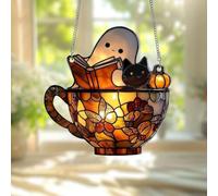 Reading Ghost Teacup Sun catcher, Halloween Ghost Acrylic Window Hanging Decor,2D Acrylic Ghost Reading Book Window Hanging Decor,Bookish Library Gifts for Readers & Book Lover