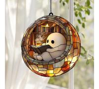 Reading Ghost Teacup Sun catcher, Halloween Ghost Acrylic Window Hanging Decor,2D Acrylic Ghost Reading Book Window Hanging Decor,Bookish Library Gifts for Readers & Book Lover
