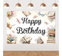 Reading Happy Birthday Backdrop 5x3ft, Watercolour Vintage Book Themed Party Decoration, Vinyl Fabric with Reinforced Eyelets & White Ribbon for Birthday Party Photo Booth Background