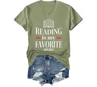 Reading is My Favourite Sport Shirt Book Lover T-Shirt V-Neck Tee Green