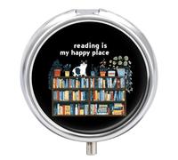 Reading is My Happly Place Small Pill Organizer with 3 Compartments Travel Medicine Case Portable Round Vitamin Storage Box