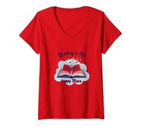 Reading is My Happy Place Bookworm Magic V-Neck T-Shirt, Women, Red, S