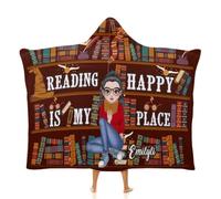 Reading is My Happy Place Wearable Hooded Blanket Personalized Book Lovers Throw Blanket Custom Name Portrait Bookworm Blankets Reader Gifts for Librarian Bookish Women Sister Christmas Birthday