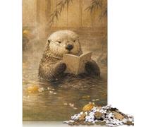 Reading Otter Hot Spring Wooden Jigsaw Puzzle 500 Pieces, Cozy Reading Art