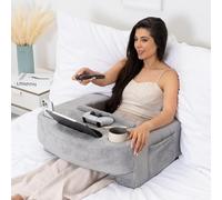 Reading Pillow for Gaming - Extra Large Lap Desk & Arm Rest with Cup & Phone Holder, Adjustable Heights, Laptop Support, Large Pockets - Comfortable for Work, Gaming & Crocheting (Furry Grey)