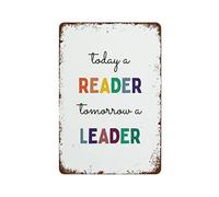 Reading Print Poster,Today A Reader Tomorrow Leader,Quote Playroom Classroom Decor,Rainbow Montessori Wall Art,Kids Posters Funny Vintage Metal Tin Sign for Home Coffee 8"x12"