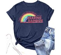Reading Rainbow Book T-Shirt Women Book Lover Reading Shirts Teaching Gift Casual Tee Top, Dark Blue-1, L