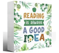 Reading Room Desk Decor,Reading Is Always a Good Idea Wood Box Sign,Reading Corner Wooden Sign,Reading Signs for Classroom Kid Room Library,Plant Reading Decor Wood Block Sign 5x5 Inch