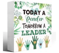Reading Room Desk Decor,Today a Reader Tomorrow a Leader Wood Box Sign,Reading Corner Wooden Sign,Reading Signs for Classroom Kid Room Library,Plant Reading Decor Wood Block Sign 5x5 Inch