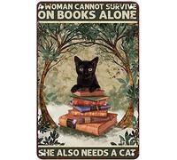 Reading Room Sign Black Cat and Book A Woman Cannot Survive Metal Decor for Outside Wall Metal Sign Vintage Home Decor Rustic Tin Sign Wall Art Metal Poster for Room 8x12 Inch