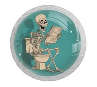 Reading Skeleton Seated on Toilet 4 PCS Cabinet Knobs, Round Crystal Glass Decoration ABS Material Kitchen Hardware, Furniture Drawer Knobs Cupboard Single Hole Pull Handles