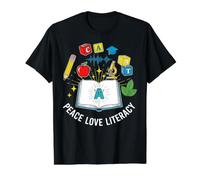 Reading Teacher Peace Love Literacy Womens Phonics Decoding Value Graphic T-Shirt, Men, Black, S