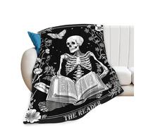 Reading Throw Blanket Ultra Soft Cozy Funny Skeleton Read Book Blanket Fleece Fuzzy Plush Skull Reading Lovers Reader Librarian Decor Gifts for Women Girls Adults Couch Sofa 50"x40"