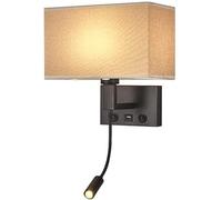 Reading Wall Light Square Fabric Lamp Shade - Modern Hardwired Sconce Black Metal Finish with Push Button Switch + USB Charging Socket, Flexible Gooseneck Spotlights for Bedside Lighting (Brown)