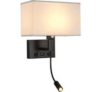 Reading Wall Light Square Fabric Lamp Shade - Modern Hardwired Sconce Black Metal Finish with Push Button Switch + USB Charging Socket, Flexible Gooseneck Spotlights for Bedside Lighting (White)
