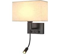 Reading Wall Light Square Fabric Lamp Shade - Modern Hardwired Sconce Black Metal Finish with Push Button Switch + USB Charging Socket, Flexible Gooseneck Spotlights for Bedside Lighting (Beige)