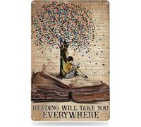 Reading Will Take You Everywhere Metal Sign - Vintage Decor Girl Reading Wall Quotes Library Wall Decor Metal Signs for Home Office - Reading Sign Book Poster for Classroom Decoration