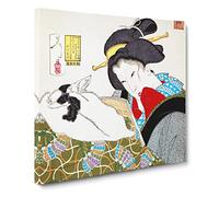 Reading with the Cat by Tsukioka Yoshitoshi Asian Japanese Canvas Wall Art Print Ready to Hang, Framed Picture for Living Room Bedroom Home Office Décor, 20x20 Inch (50x50 cm)