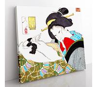 Reading with the Cat by Tsukioka Yoshitoshi Asian Japanese Canvas Wall Art Print Ready to Hang, Framed Picture for Living Room Bedroom Home Office Décor, 35x35 cm (14x14 Inch)