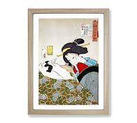Reading With The Cat By Tsukioka Yoshitoshi Asian Japanese Framed Wall Art Print, Ready to Hang Picture for Living Room Bedroom Home Office Décor, Oak A3 (34 x 46 cm)